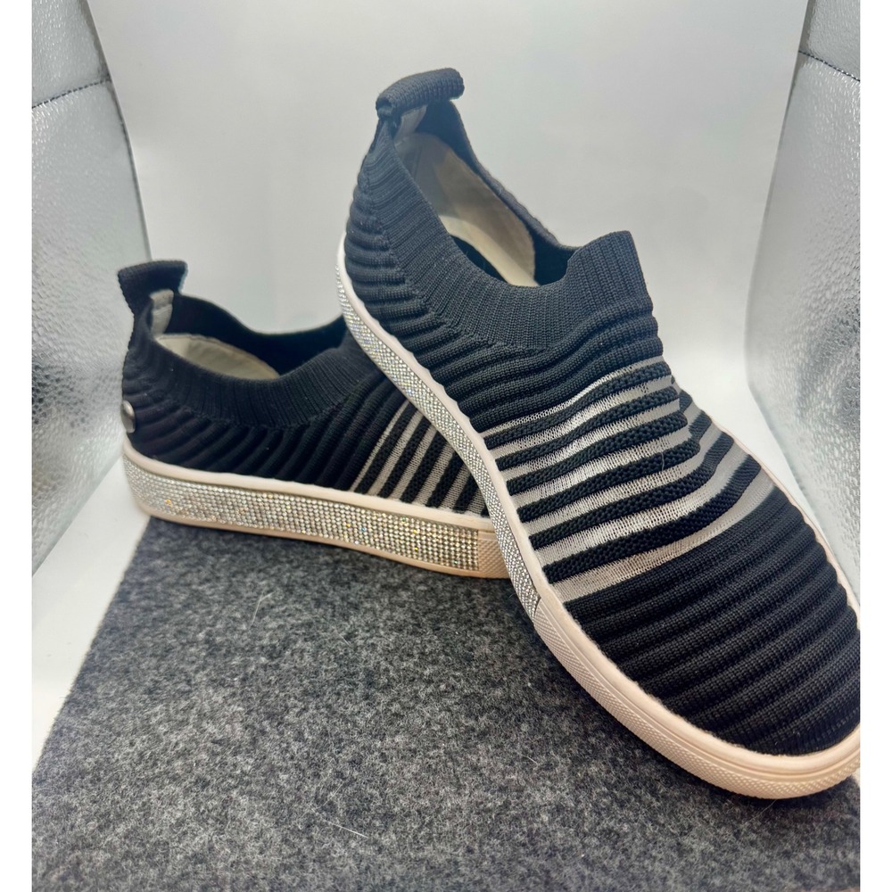 Bernie Mev New York Black Silver Striped Rhinestone Knit Slip On Sneakers 36